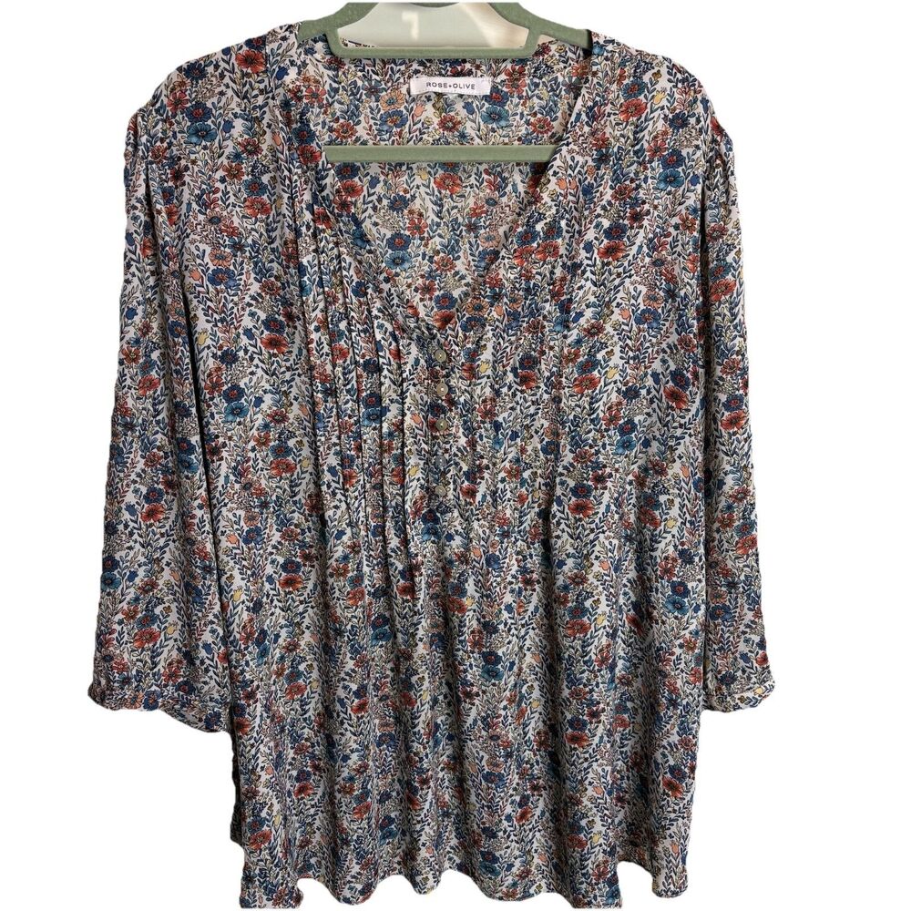 Rose + Olive Pintuck Blouse 2X Floral Blue White Pink Work Cottage Office Church - Picture 1 of 7